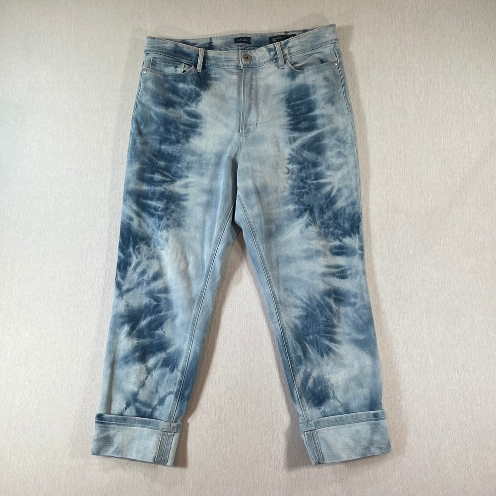 J. Jill Denim High Rise Cropped Jeans Women 12 Cuffed Hem Tie Dye Blue White